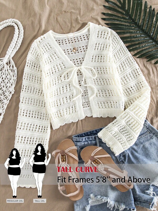SHEIN Tall CURVE Plus Size Ladies' Vacation Casual Solid Color Hollow Knitted Crop Cardigan,Long Sleeve Tops