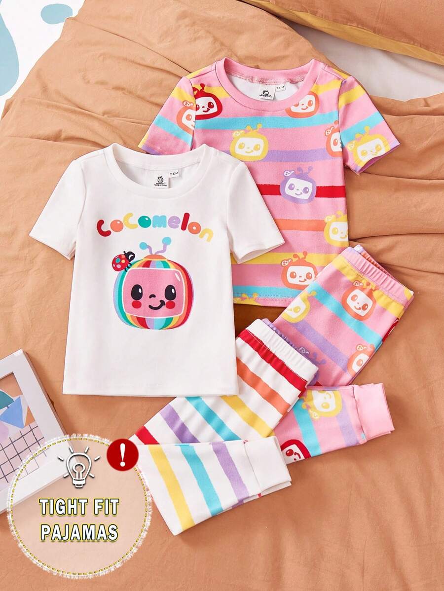 CoComelon X SHEIN Ensemble pyjama bébé fille avec Top et pantalon extensibles à motif de dessin animé mignon