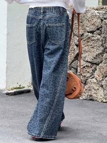 DAZY 女童豹纹牛仔裤 - 藍色 - 查看 5