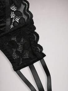 Front Closure Floral Lace Metal Chain Women Bralette Bra - Black - View 8