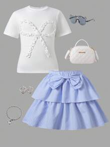 少女荷叶边蝴蝶结装饰短袖T恤和条纹迷你裙休闲两件套，适合学校、校园、大学穿着。少女蝴蝶结印花上衣和裙子套装，蓝色条纹裙子套装，两件套裙子套装，少女夏季裙子套装。 - 彩色 - 查看 6
