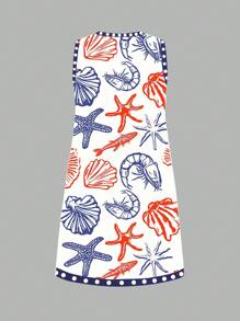 SHEIN EZwear 休闲简约海洋生物印花图案女式短裙，适合夏季 - 藍色 - 查看 3