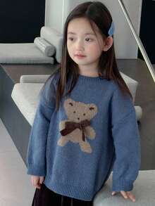 Dazy Kids 小女孩熊图案蝴蝶结装饰毛衣，秋冬休闲装 - 霧霾藍 - 查看 4