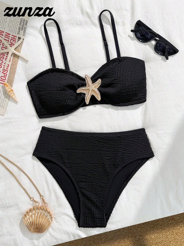 Set bikini caisă simplu și elegant pentru fete, cu decor de stea de mare, potrivit pentru vacanță, plajă, înot