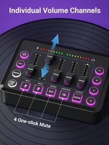 Teckwe Gaming Audio Mixer Rechargeable Audio Interface RGB PC Mixer With XLR Microphone Interface,Individual Control Volume Fader Mute Button,48V Phantom Power For Podcast/Recording - Black - View 6