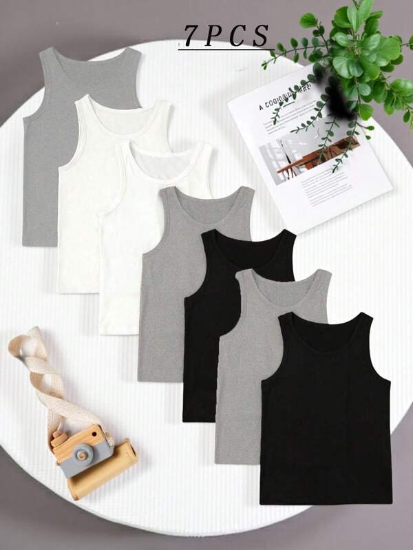 7pcs Boys Fitted Ribbed Knit Solid Color Sleeveless Undershirt, Versatile & Comfortable Layering Basics, Suitable For All Seasons