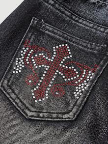 Y2K Tween Girls' Wide Leg Low Waist Jeans, Comfortable Elastic Waistband, No Zipper For Easy Wear, Back Pocket With Rhinestone Cross Pattern, Vintage Rockstar Street Style Essential For Halloween & Christmas - Black - View 4