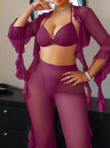 4pcs French Romantic Ruffle Sexy Lingerie Set, Going Out - Red Violet - View 4
