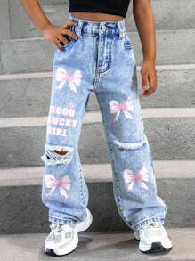 SHEIN Explorewe Young Girl New Y2K Style Denim Jeans   New Fashionable High-Quality Distressed Washed Denim Straight Leg Jeans - Light Wash - View 4