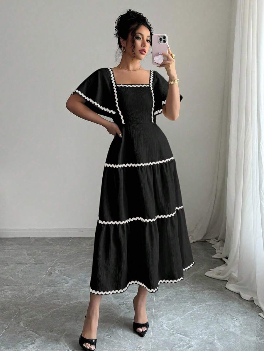 Rafferiza 女式方领泡泡袖纹理法式度假荷叶边下摆连衣裙，优雅奶油黄色