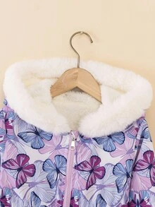 SHEIN Girls' Butterfly Print Fleece Collar Jacket, Waisted Slim Fit Casual Versatile Coat, Winter Girls Winter Coats Girls Butterfly Jacket Toddler Girl Winter Coat Kids Winter Jacket Baby Girl Winter Coat Fall - Purple - View 5