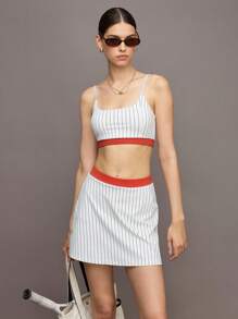 Activina Striped Print Pocket Contrast Trim Fashionable Sports Skirt Pants, Summer - Multicolor - View 7