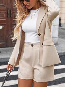 INAWLY Bộ vest thường ngày 2 món cỡ tiêu chuẩn dành cho nữ, áo khoác blazer thanh lịch và quần short rộng rãi - Màu be - Xem 5