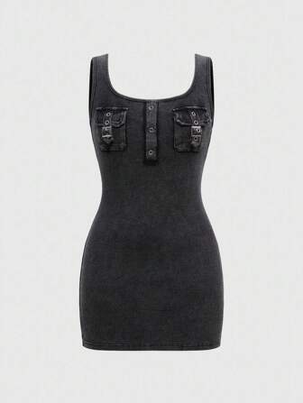 Grunge Punk Vestido mini de punto ajustado con cuello redondo, de punto acanalado negro y gris, con bolsillo de ojal y lavado vintage desgastado de estilo punk retro