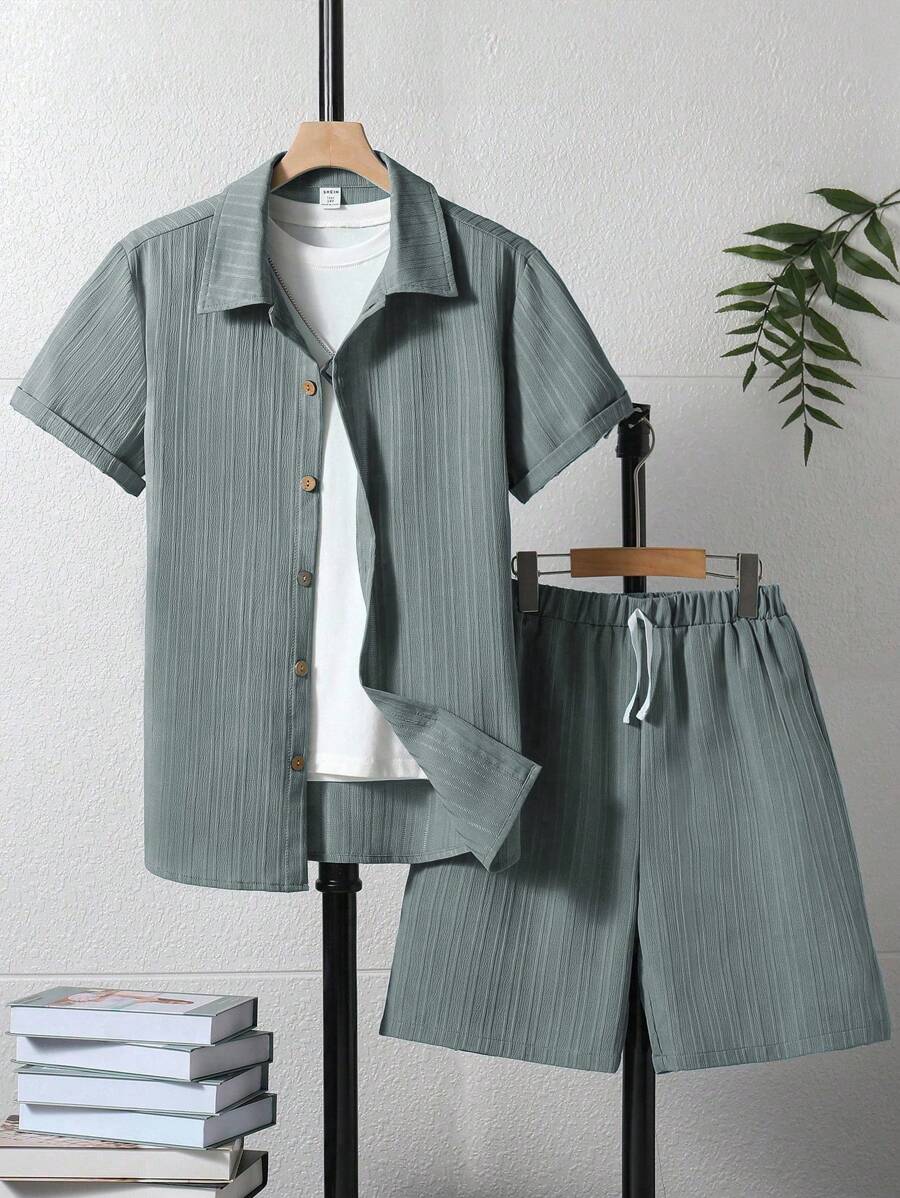 2pcs/Set Teen Boy Summer Casual Solid Color Textured Short Sleeve Shirt And Shorts Set