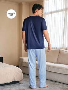 CoupledUp Contrast Stripe Print Men's Pajama Set Including Short Sleeve Tops And Bottoms Couple Pajama Sets Couple Pjs Summer Sleep Wear Sets Men Sleepwear Men Pjs Set - Multicolor - View 2