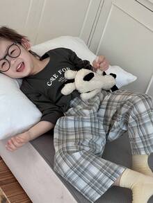 DAZY 男童字母印花长袖上衣和格子裤睡衣套装 - 深灰色 - 查看 7