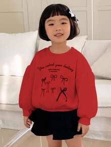 DAZY Young Girls Round Neck Knitted Printed Sweatshirt, Fall Clothes - Red - View 3