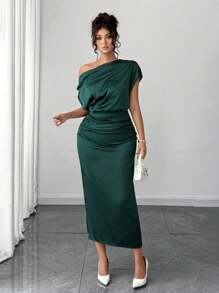 Rafferiza Petite 女式短款缎面垂坠领口不对称肩部不对称褶皱腰部修身 A 字形连衣裙，夏季 - 墨綠色 - 查看 3