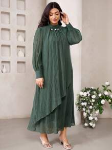 Veilorie Vestido holgado y elegante de manga larga con mangas largas y bajo de unicolor con perlas falsas para mujer de talla grande - Verde Oliva - Ver 5