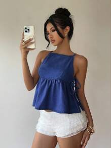 Siren Gaze 女式系腰荷叶边下摆吊带牛仔上衣 - 中等水洗藍 - 查看 9