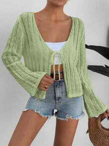 EURMUSE 度假休闲纯色镂空针织系带开衫 - 青檸色 - 查看 4