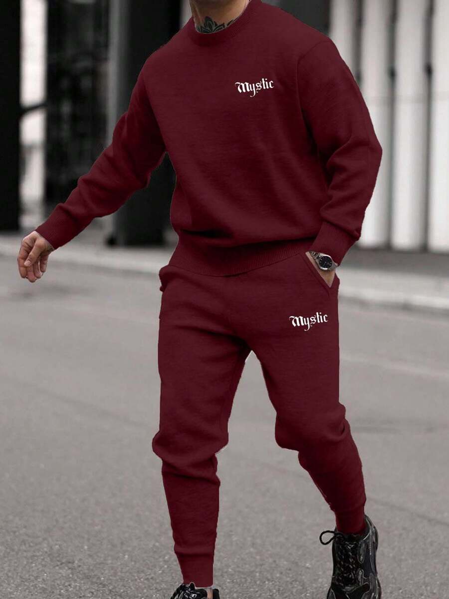 EURMUSE Men's Casual English Print Sweatshirt Set - Burgundy - View 1