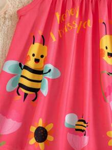 SHEIN 女宝宝可爱蜜蜂动物元素无袖连衣裙，春夏时尚新款 - 玫紅色 - 查看 4