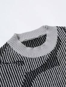 Manfinity Roghcode Áo len nam dáng rộng, vai rớt, in họa tiết toàn thân, viền tương phản, thích hợp mặc mùa thu/đông trở lại trường học. - màu đen - Xem 5