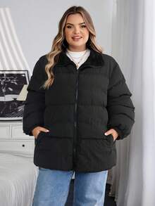 SHEIN CURVE+ Cappotto imbottito in pile spesso, impermeabile, di colore tinta unita, casual e semplice, adatto per l'inverno, taglie comode