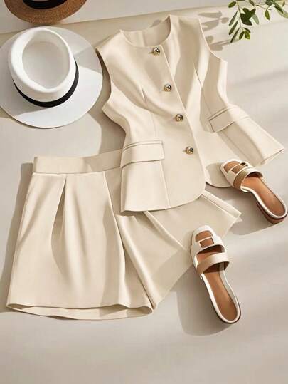 Franclia 夏季优雅通勤纯色背心短裤两件套，适合大学穿着