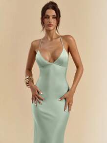 SHEIN BAE 杏色和白色深V领细肩带超长露背系带缎面美人鱼连衣裙，优雅连衣裙，度假连衣裙，伴娘连衣裙，生日派对连衣裙，毕业礼服，白色连衣裙 - 薄荷綠 - 查看 7