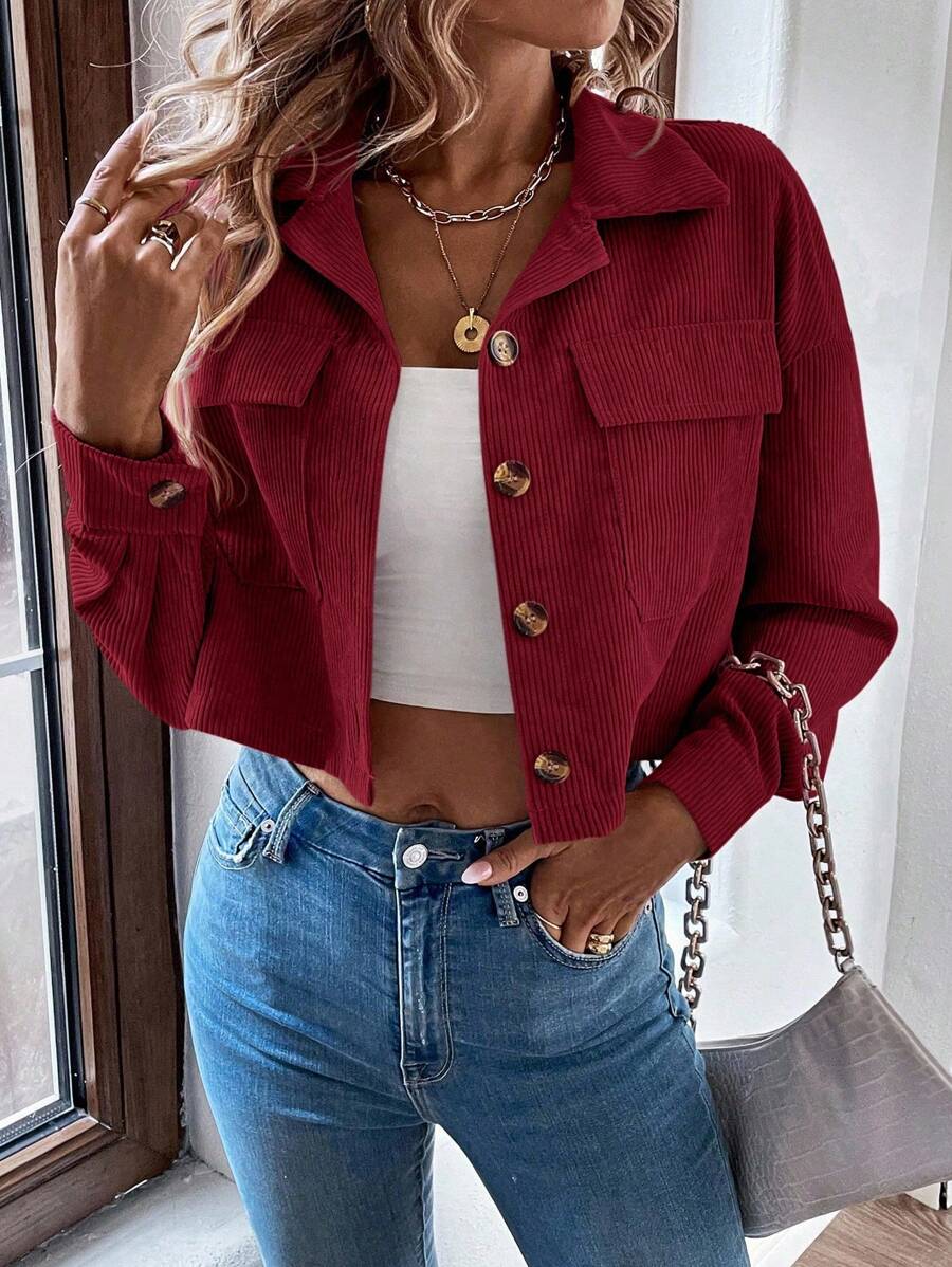 EMERY ROSE 简约休闲纯色前开襟纽扣翻盖口袋夹克，适合大学校园秋冬季女装