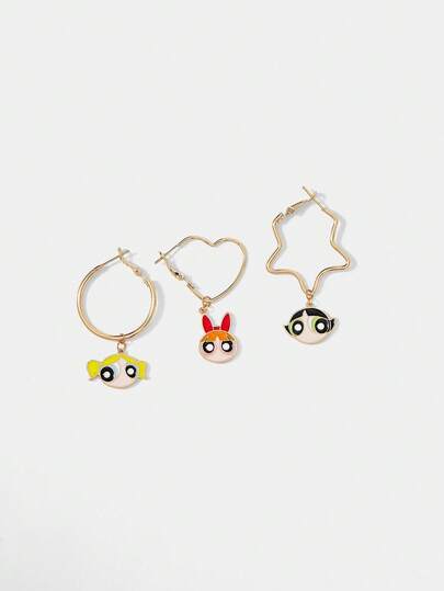 THE POWERPUFF GIRLS X SHEIN Blossom, Bubbles, Buttercup Pattern Cute Dangle Earrings