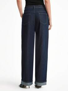 Daynim 女士休闲通勤斜口袋直筒牛仔裤阔腿牛仔裤喇叭牛仔裤女式牛仔裤喇叭裤高腰牛仔裤 - 深色水洗藍 - 查看 2