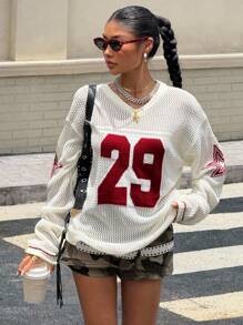 SHEIN Leap Crew Teen Girls Semi-Sheer White Long Sleeve Acrylic V-Neck Pullover With Patched Letter Design Teen Girl Sweater Varsity Sweaters Cute Sweater Teen Y2k Fishnet Sweater,In Fall/Winter - White - View 8