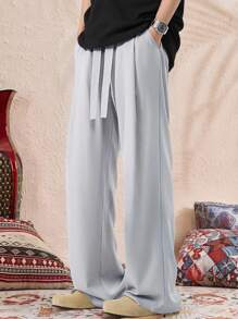 Claim Dot Calça de Moletom Masculina de Perna Larga Solta com Bolso e Cordão na Cintura, Cor Sólida, Casual - Cinza Claro - Visão 1