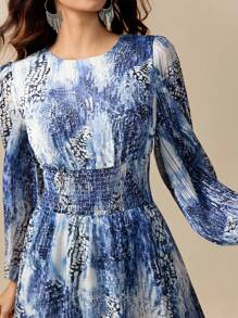 Florisole 波西米亚风女式花卉印花灯笼袖连衣裙 - 藍色 - 查看 6