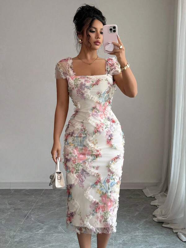 Elenzga Women's Elegant Romantic Mesh Floral Print Ruched Waist Mid-Length Dress, Suitable For Wedding, Party, Date, Shopping And Other Occasions, Spring/Summer