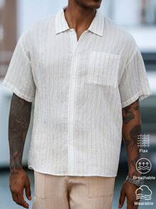 Manfinity Homme Men's Casual Striped Front Button Short Sleeve Shirt, Off-White Summer Breathable Linen Shirt With Pocket Design, Vacation Holiday Beach Shirt - White - View 1