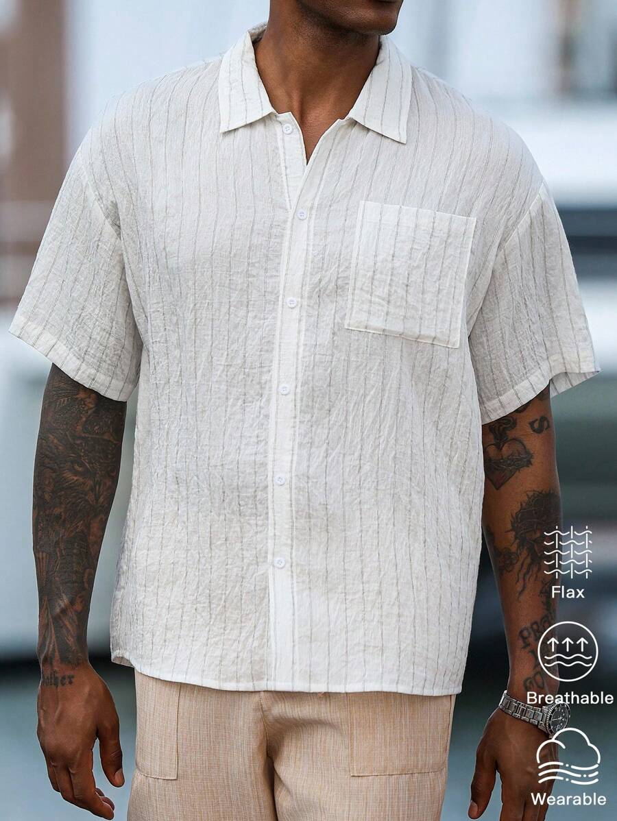 Manfinity Homme Men's Casual Striped Front Button Short Sleeve Shirt, Off-White Summer Breathable Linen Shirt With Pocket Design, Vacation Holiday Beach Shirt - White - View 1