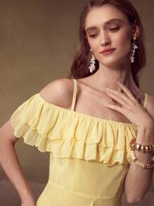 MOTF Soiréza VESTIDO LARGO PARA MUJER DE UN SOLO COLOR CON HOMBRO DESCUBIERTO, VOLANTES SUPERPUESTOS Y ABERTURA EN EL MUSLO - Multicolor - Ver 4