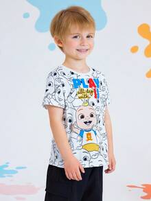 CoComelon X SHEIN Young Boy Black & White Line Sketch Cartoon Figure Graphic Crew Neck Summer Short Sleeve T-Shirt - White - View 4