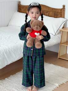 DAZY 少女格子领长袖上衣和裤子睡衣套装 - 墨綠色 - 查看 2