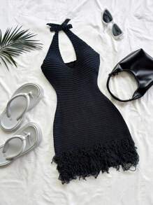 SHEIN Unity New Tassel Sexy Waist-Cinching Tie Neck Bow Mini Knit Dress, Elegant Commuting Fashion - Navy Blue - View 1