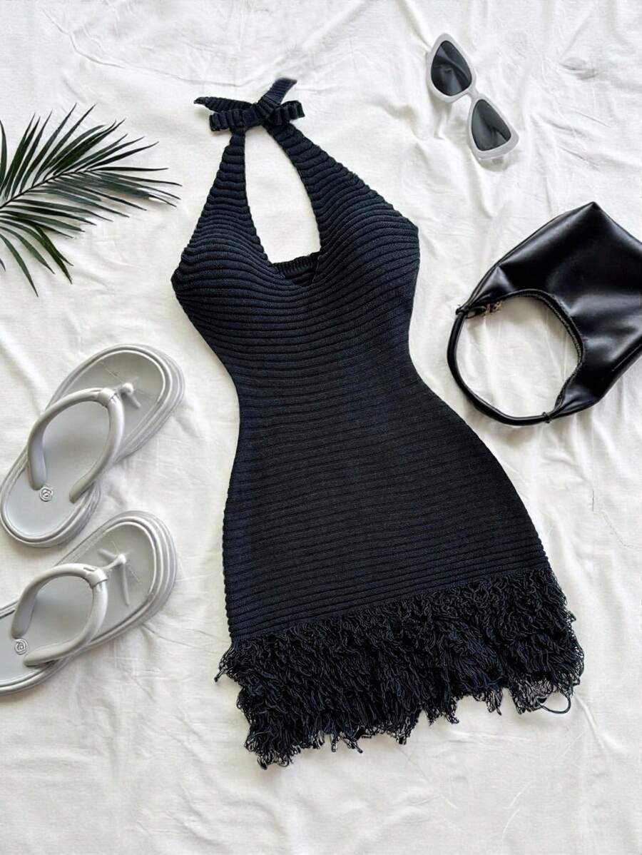 SHEIN Unity New Tassel Sexy Waist-Cinching Tie Neck Bow Mini Knit Dress, Elegant Commuting Fashion - Navy Blue - View 1