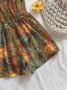 Soleia 休闲花卉和太阳神图案连体裤，适合夏季 - 黑色 - 查看 4