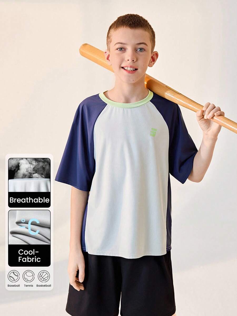 SHEIN 返校户外运动短袖T恤，儿童圆领拼色趣味字母印花T恤