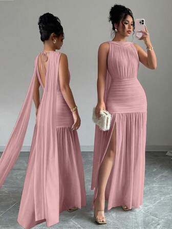 Elenzga Vestido plisado con abertura y espalda descubierta de unicolor elegante para mujer, de verano