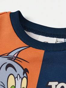 TOM & JERRY X SHEIN Set de 2 piezas de sudadera y pantalones estilo deportivo casual con estampado de gato y ratón de dibujos animados para bebé niño, adecuado para primavera, otoño e invierno